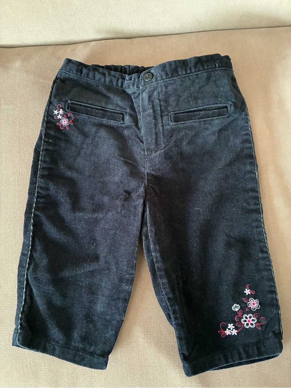 Carter's Black Corduroy Capri Pants with Pink & White Floral Embroidery